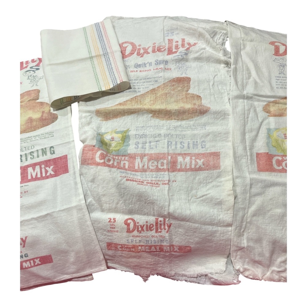 Vintage Dixie Lily White Corn Meal Mix 25 Lb Cloth Feed Sacks Buhler Mills 4 pc - Picture 2 of 3
